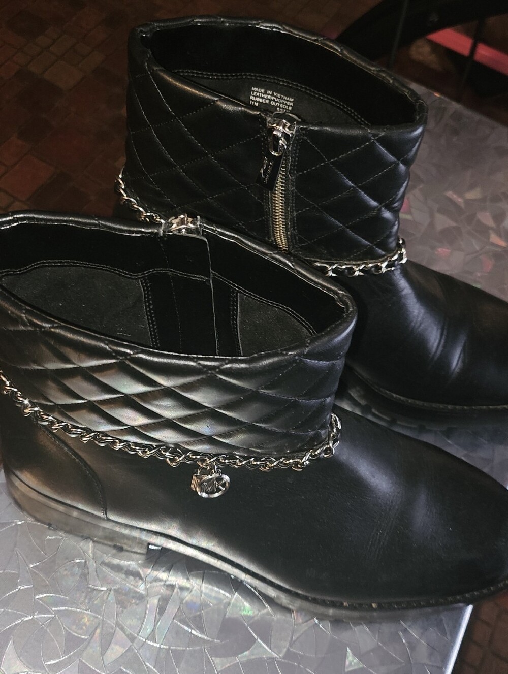 Women's Size 11 Michael Kors Elsa Quilted Leather Ankle Boots With Chain